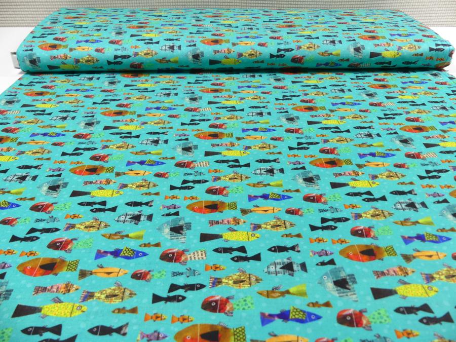 Patchworkstoff von Benartex aus der Serie Frogtastic mit  Fische bunt aqua